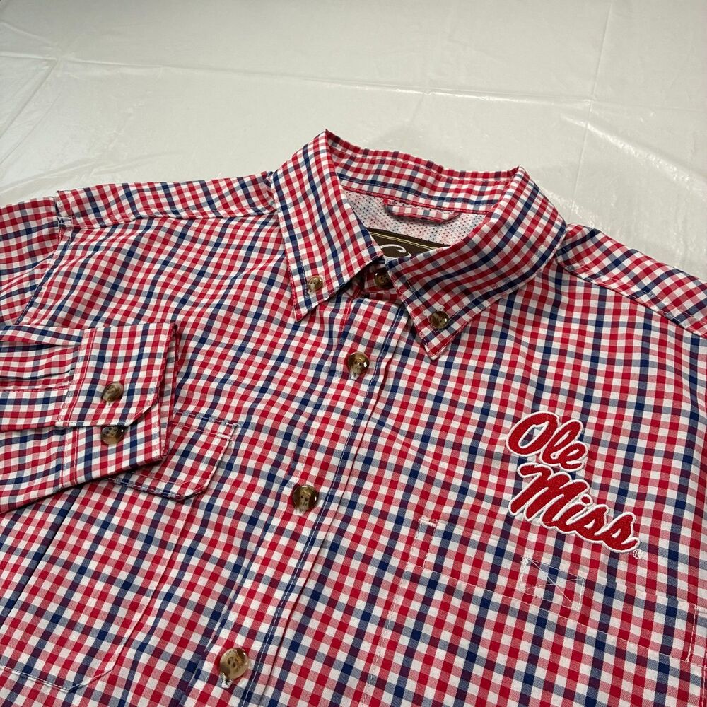 Ole Miss Rebels Drake Waterfowl Fishing Shirt Mens Size Small Red Gingham Vented